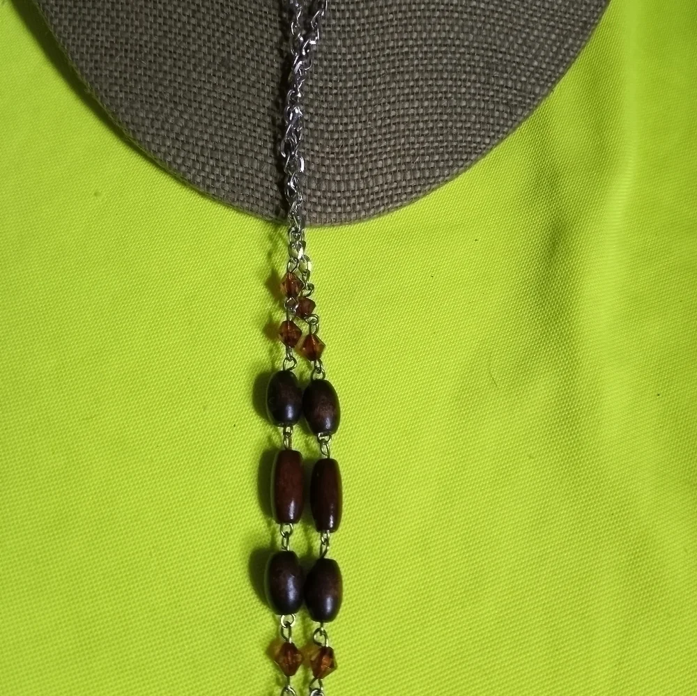 Silvertone owl wood beads feather necklace Earring set brown